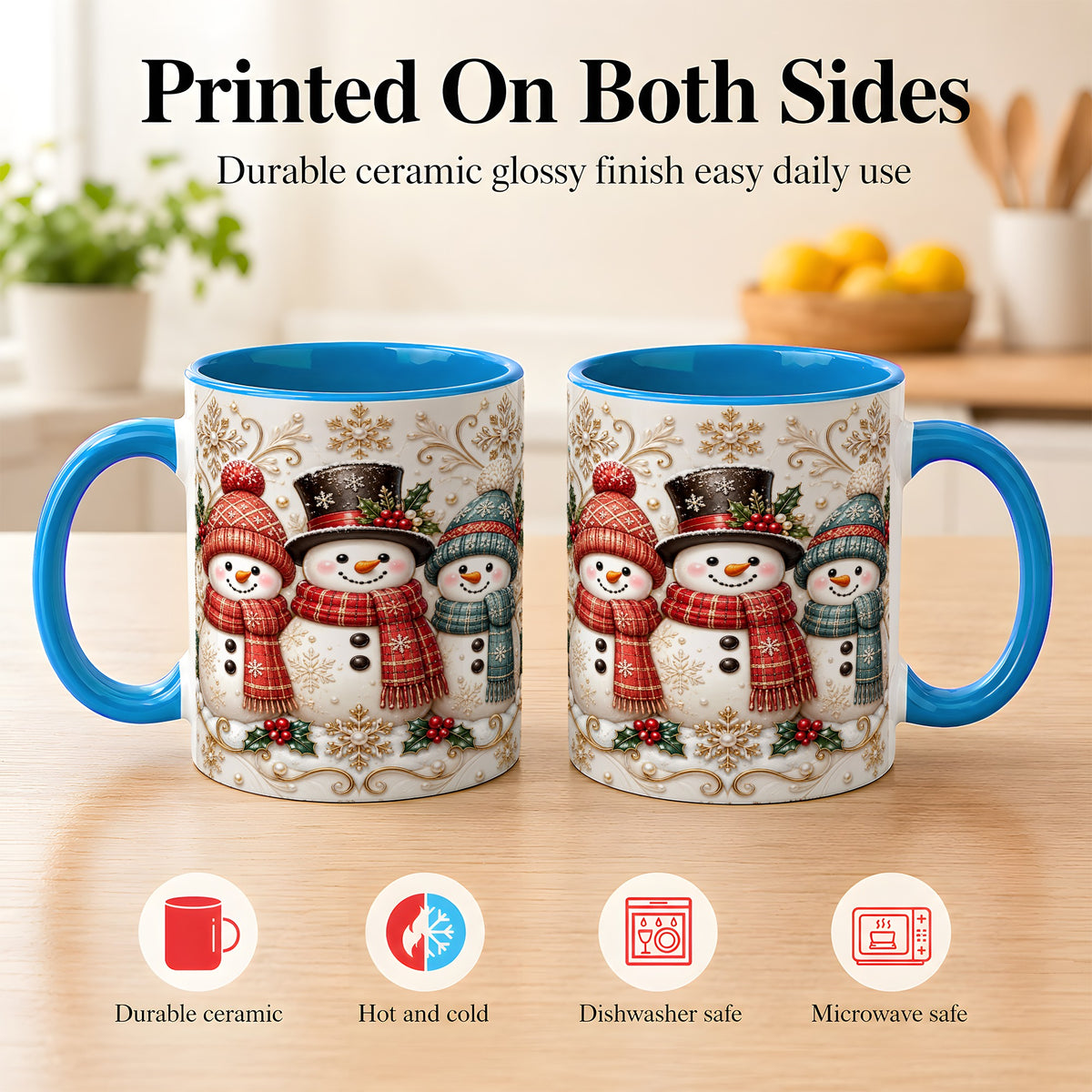 #pl[11oz|Blue] Snowman Trio Coffee Mug, Plaid Christmas Mug, Ceramic Cup