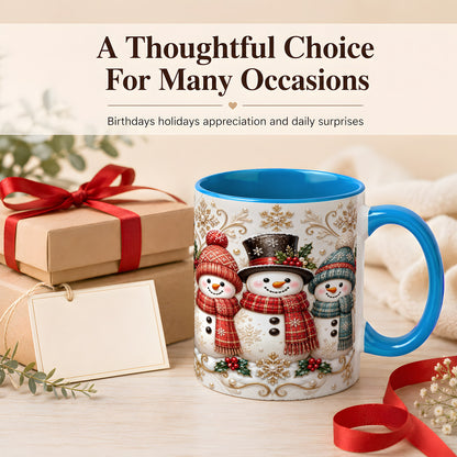 #pl[11oz|Blue] Snowman Trio Coffee Mug, Plaid Christmas Mug, Ceramic Cup