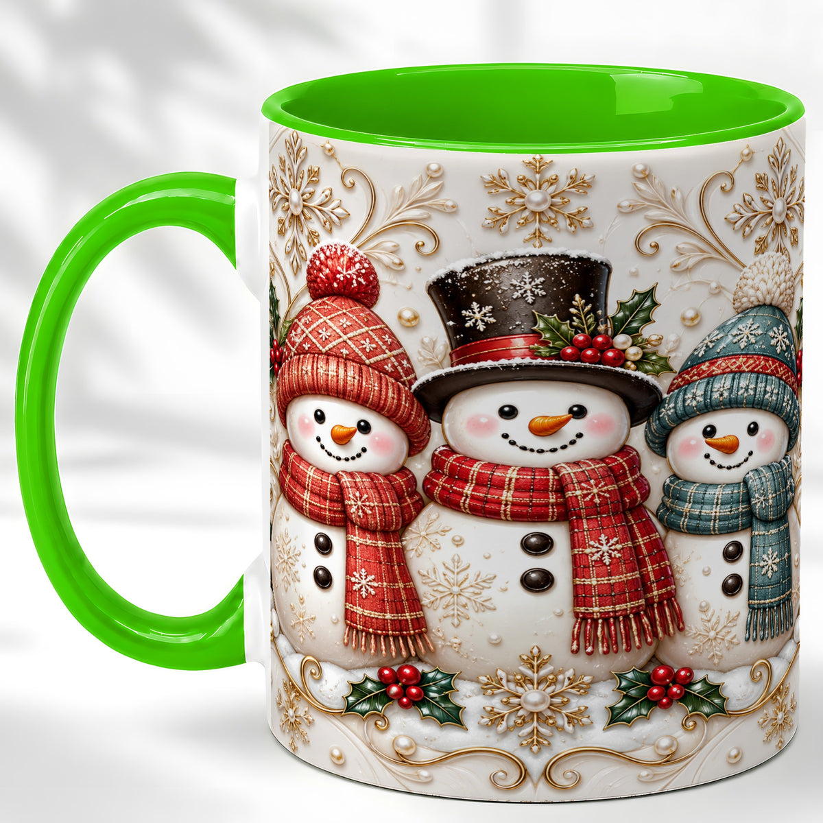 #pl[11oz|Green] Snowman Trio Coffee Mug, Plaid Christmas Mug, Ceramic Cup