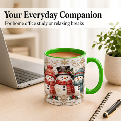 #pl[11oz|Green] Snowman Trio Coffee Mug, Plaid Christmas Mug, Ceramic Cup