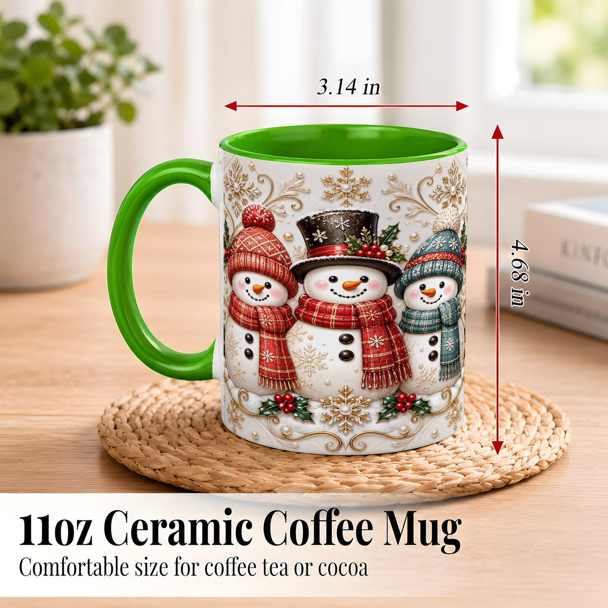 #pl[11oz|Green] Snowman Trio Coffee Mug, Plaid Christmas Mug, Ceramic Cup