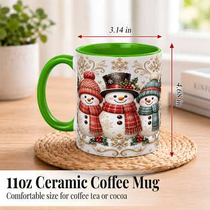 #pl[11oz|Green] Snowman Trio Coffee Mug, Plaid Christmas Mug, Ceramic Cup