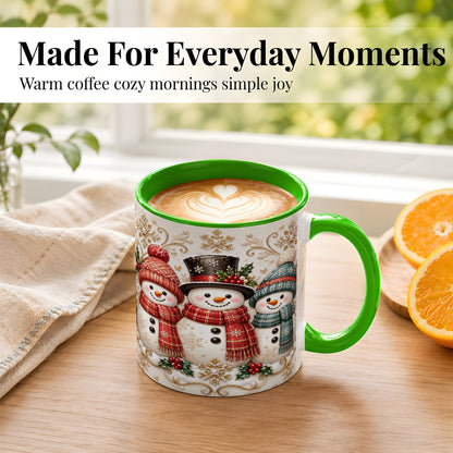 #pl[11oz|Green] Snowman Trio Coffee Mug, Plaid Christmas Mug, Ceramic Cup