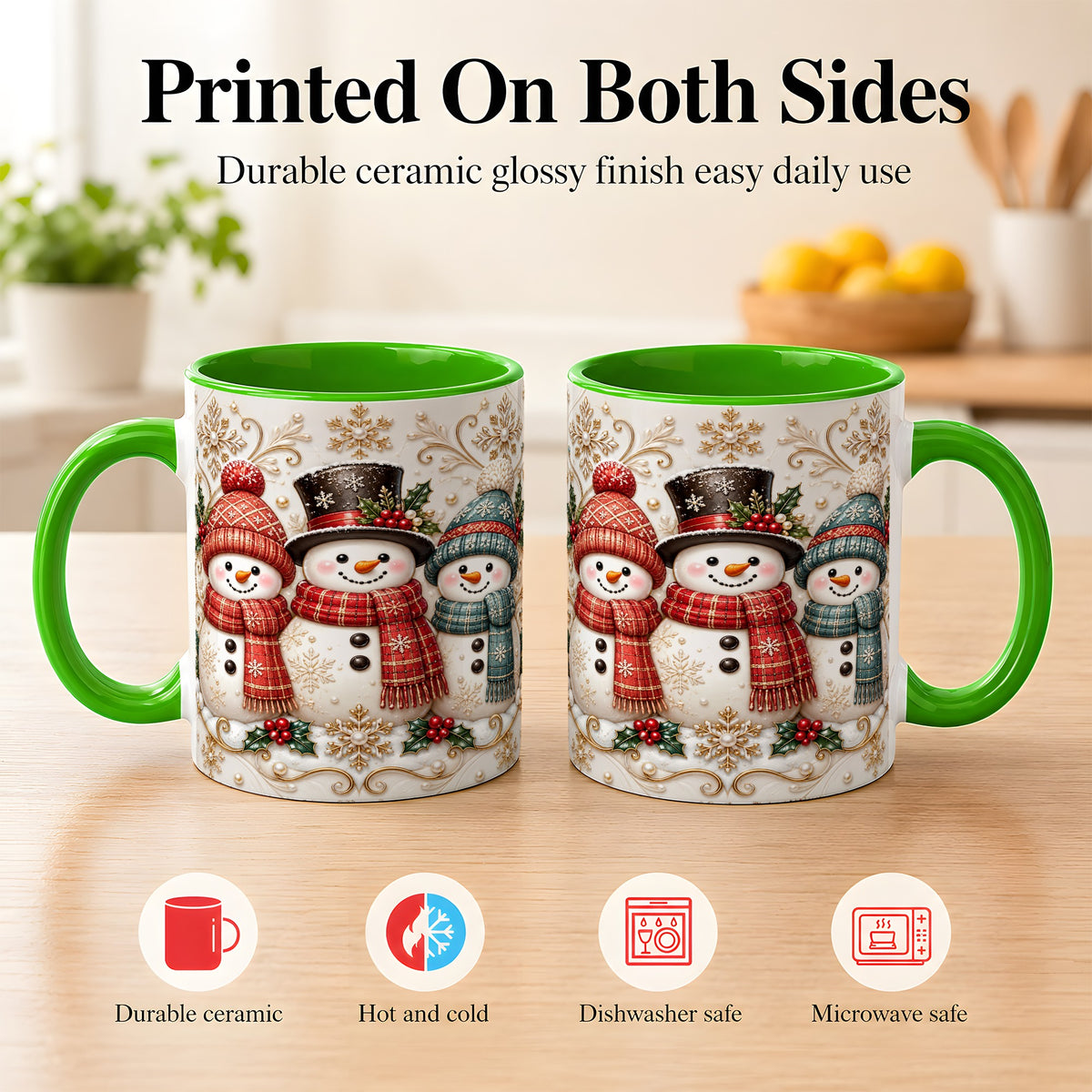 #pl[11oz|Green] Snowman Trio Coffee Mug, Plaid Christmas Mug, Ceramic Cup