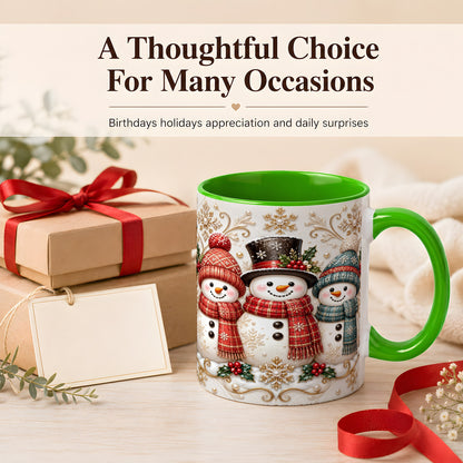 #pl[11oz|Green] Snowman Trio Coffee Mug, Plaid Christmas Mug, Ceramic Cup