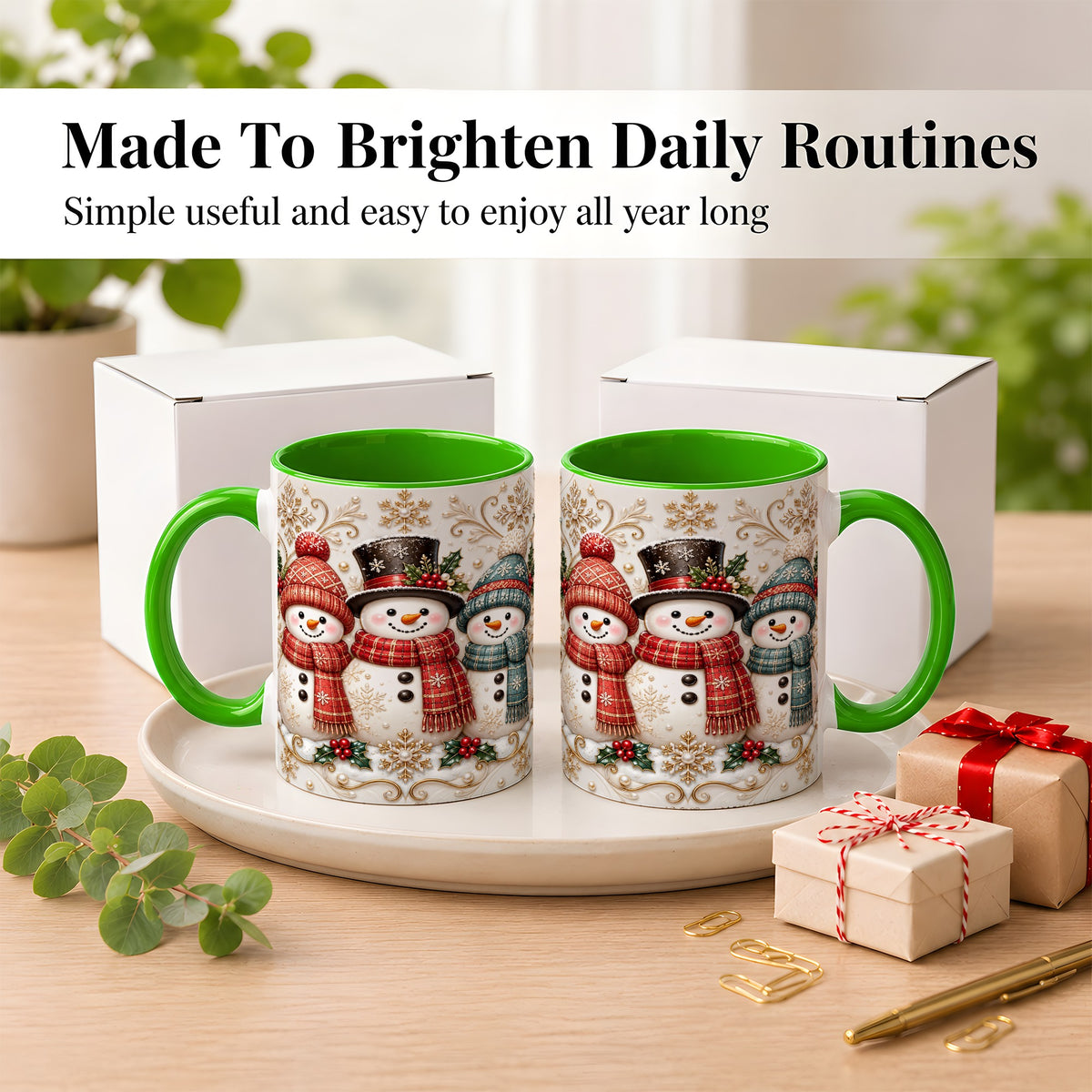 #pl[11oz|Green] Snowman Trio Coffee Mug, Plaid Christmas Mug, Ceramic Cup