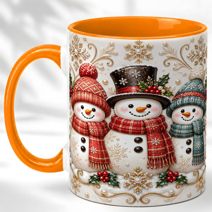 #pl[11oz|Orange] Snowman Trio Coffee Mug, Plaid Christmas Mug, Ceramic Cup