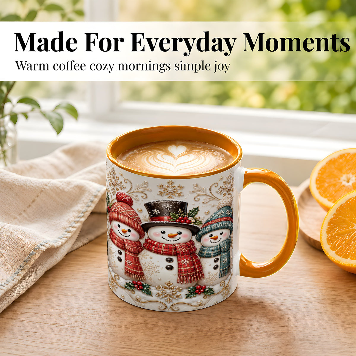 #pl[11oz|Orange] Snowman Trio Coffee Mug, Plaid Christmas Mug, Ceramic Cup