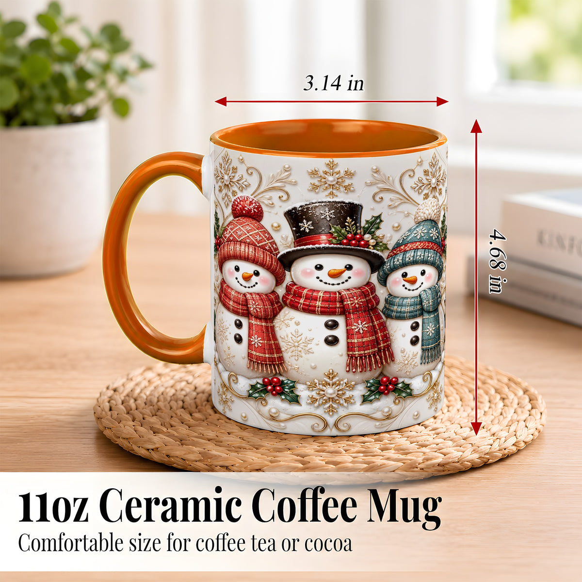 #pl[11oz|Orange] Snowman Trio Coffee Mug, Plaid Christmas Mug, Ceramic Cup
