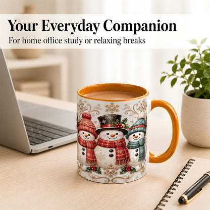 #pl[11oz|Orange] Snowman Trio Coffee Mug, Plaid Christmas Mug, Ceramic Cup