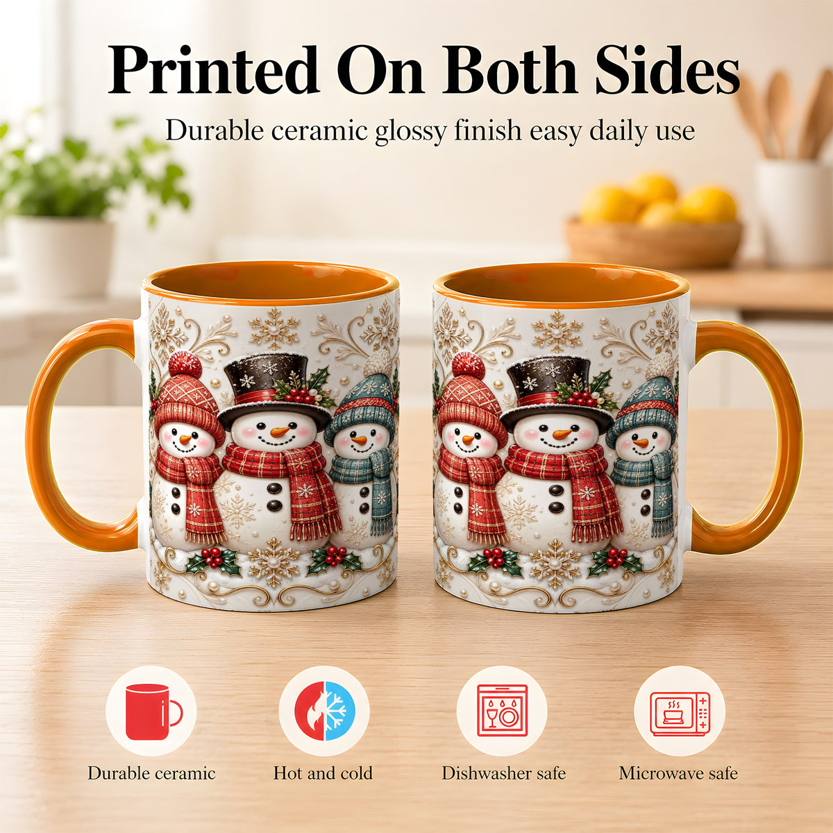 #pl[11oz|Orange] Snowman Trio Coffee Mug, Plaid Christmas Mug, Ceramic Cup