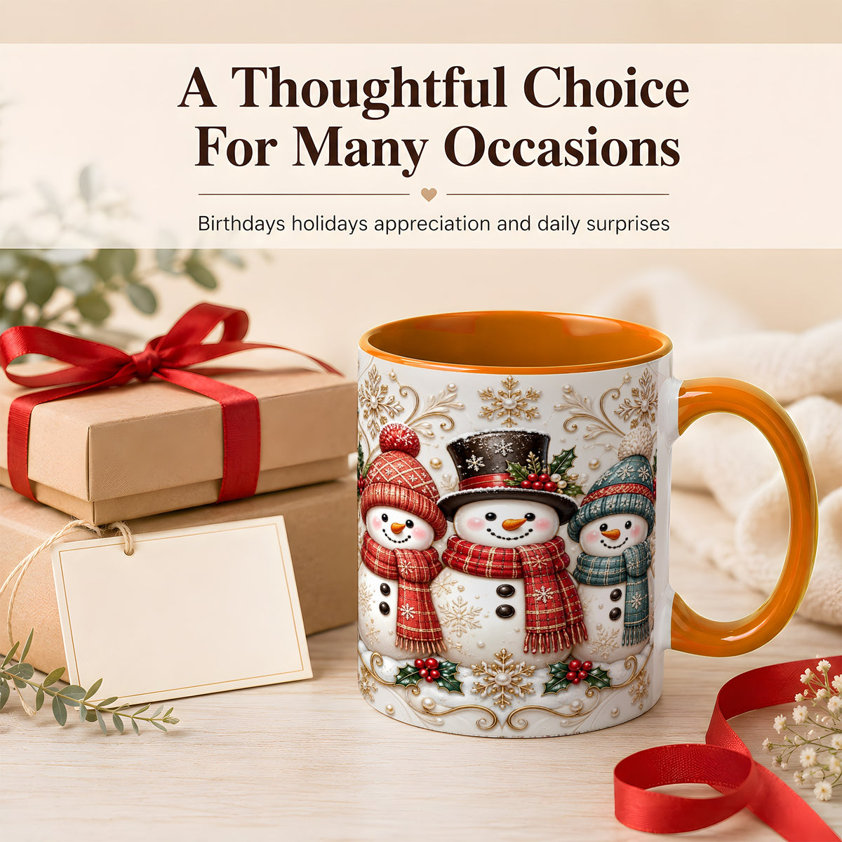 #pl[11oz|Orange] Snowman Trio Coffee Mug, Plaid Christmas Mug, Ceramic Cup