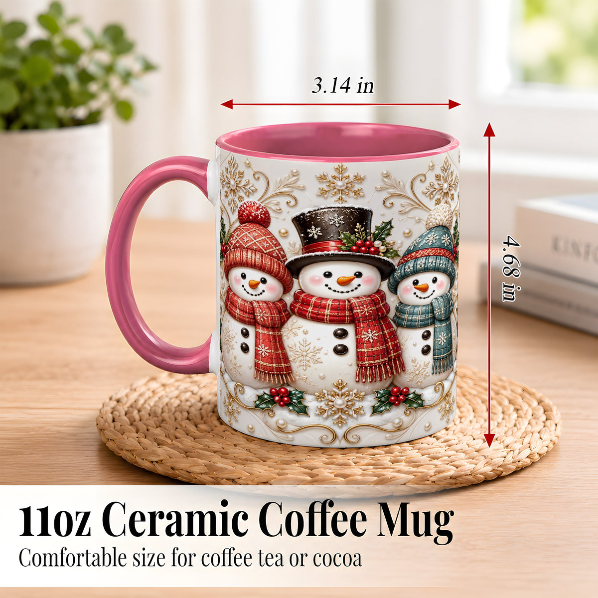 #pl[11oz|Pink] Snowman Trio Coffee Mug, Plaid Christmas Mug, Ceramic Cup