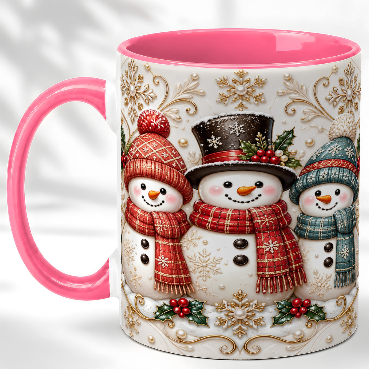 #pl[11oz|Pink] Snowman Trio Coffee Mug, Plaid Christmas Mug, Ceramic Cup