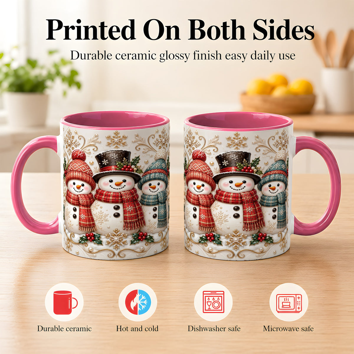 #pl[11oz|Pink] Snowman Trio Coffee Mug, Plaid Christmas Mug, Ceramic Cup