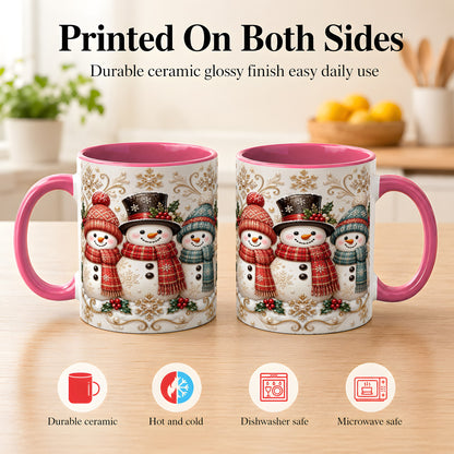 #pl[11oz|Pink] Snowman Trio Coffee Mug, Plaid Christmas Mug, Ceramic Cup