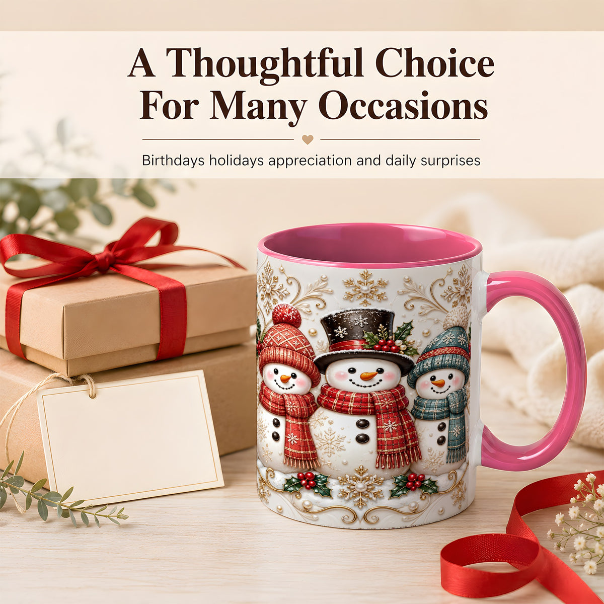 #pl[11oz|Pink] Snowman Trio Coffee Mug, Plaid Christmas Mug, Ceramic Cup