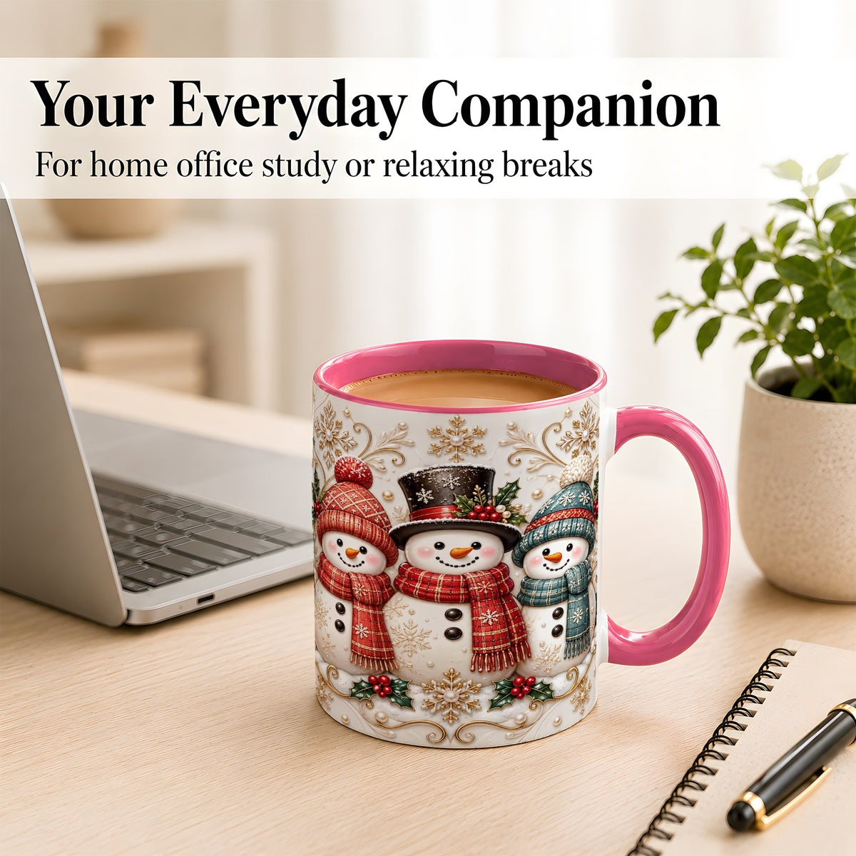 #pl[11oz|Pink] Snowman Trio Coffee Mug, Plaid Christmas Mug, Ceramic Cup
