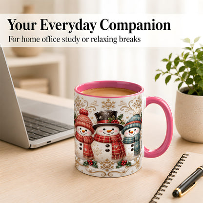 #pl[11oz|Pink] Snowman Trio Coffee Mug, Plaid Christmas Mug, Ceramic Cup