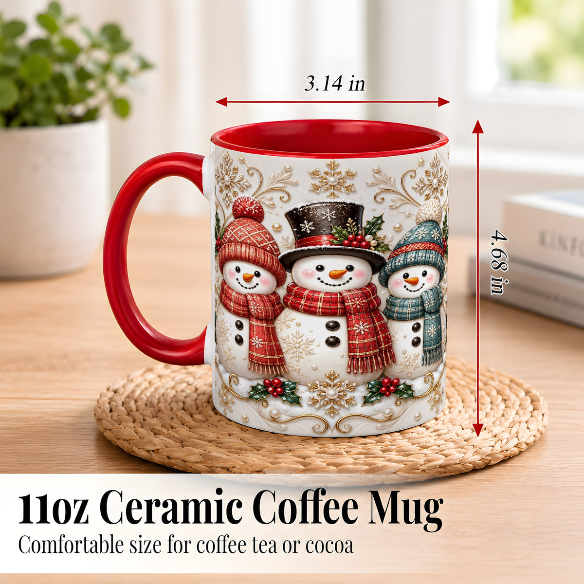 #pl[11oz|Red] Snowman Trio Coffee Mug, Plaid Christmas Mug, Ceramic Cup