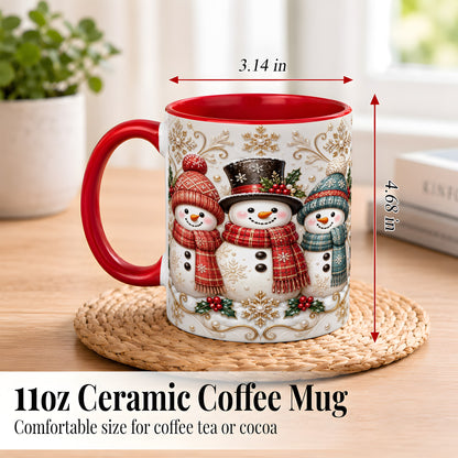 #pl[11oz|Red] Snowman Trio Coffee Mug, Plaid Christmas Mug, Ceramic Cup