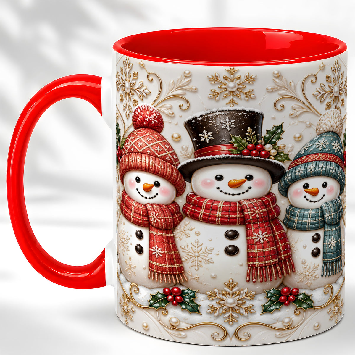 Snowman Trio Coffee Mug, Plaid Christmas Mug, Ceramic Cup