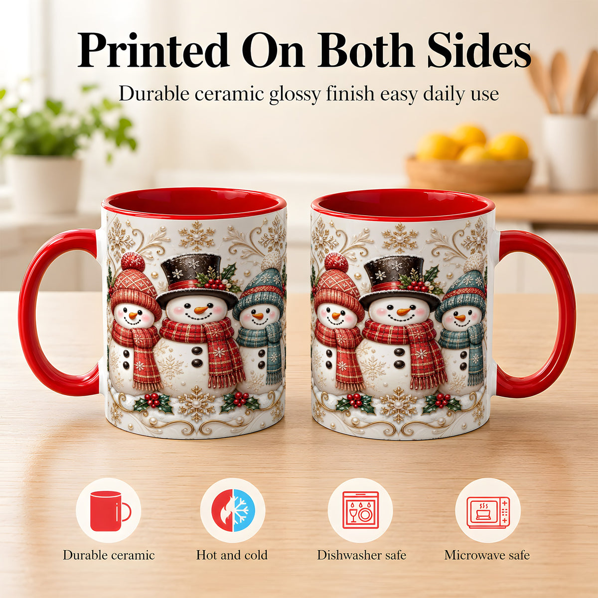 #pl[11oz|Red] Snowman Trio Coffee Mug, Plaid Christmas Mug, Ceramic Cup