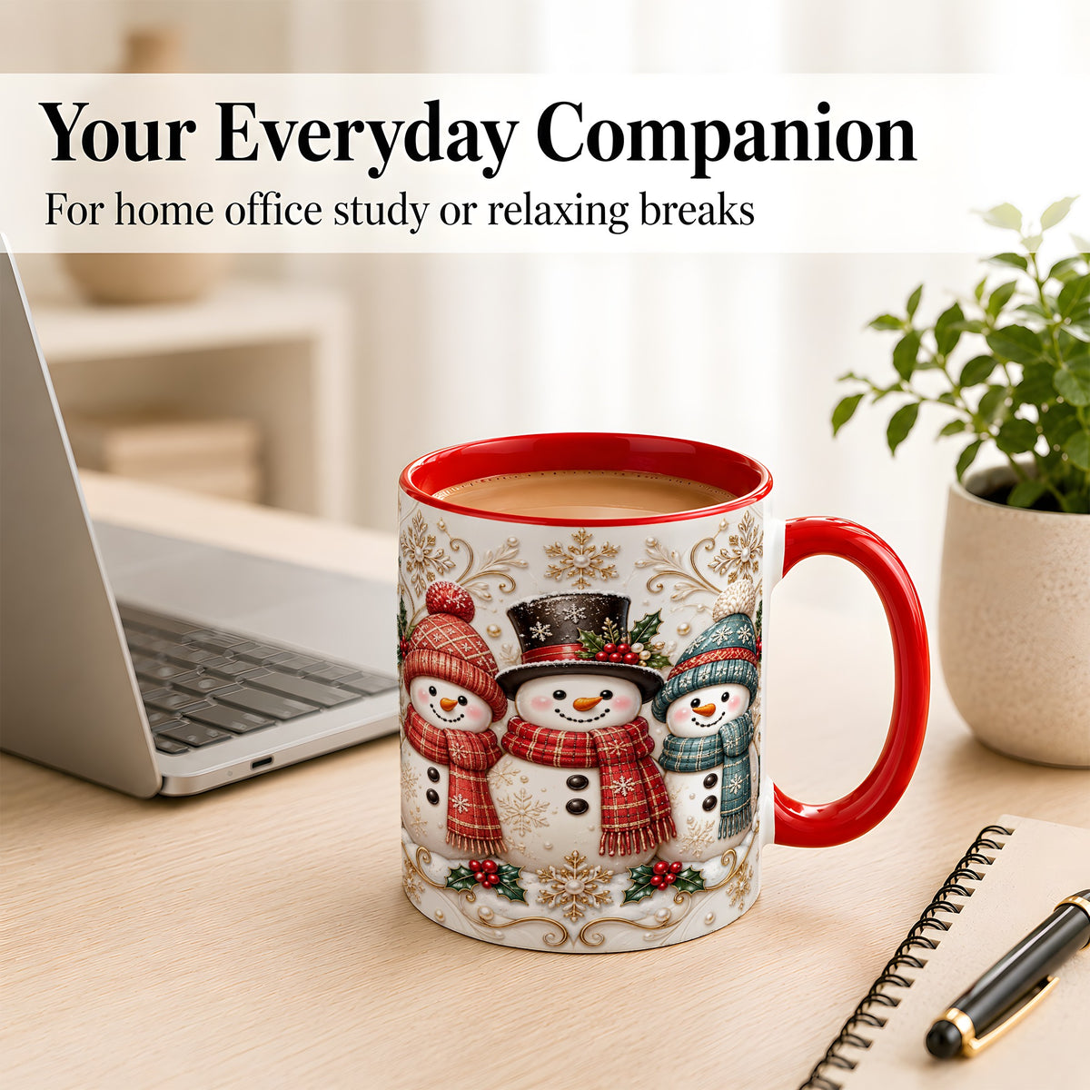 #pl[11oz|Red] Snowman Trio Coffee Mug, Plaid Christmas Mug, Ceramic Cup