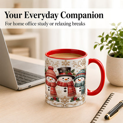 #pl[11oz|Red] Snowman Trio Coffee Mug, Plaid Christmas Mug, Ceramic Cup