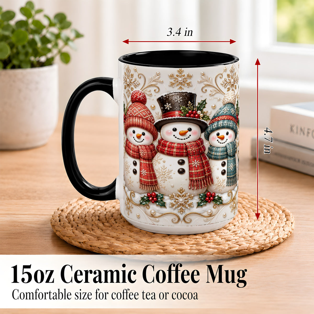 #pl[15oz|Black] Snowman Trio Coffee Mug, Plaid Christmas Mug, Ceramic Cup