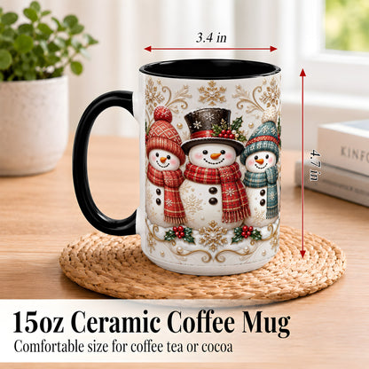 #pl[15oz|Black] Snowman Trio Coffee Mug, Plaid Christmas Mug, Ceramic Cup