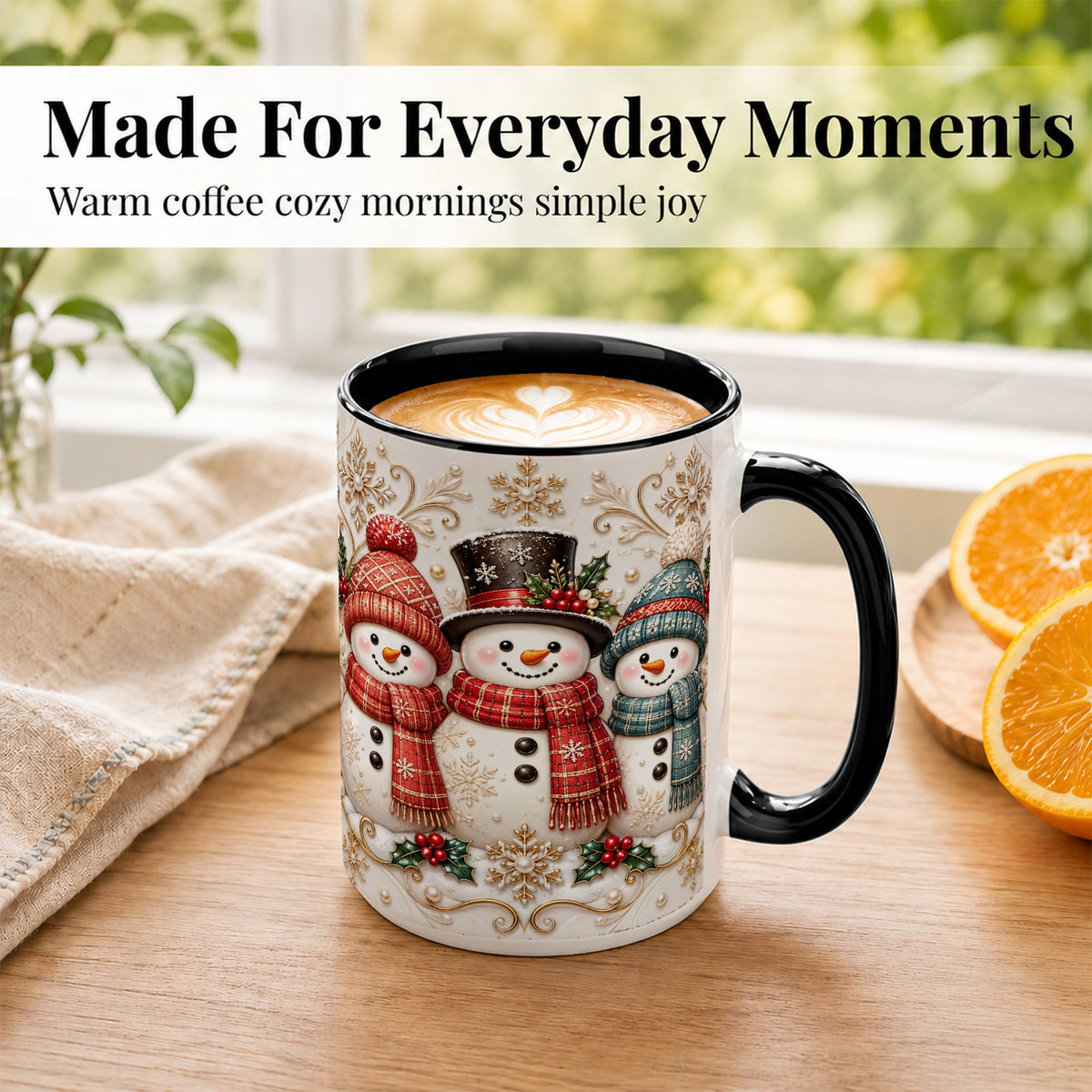 #pl[15oz|Black] Snowman Trio Coffee Mug, Plaid Christmas Mug, Ceramic Cup