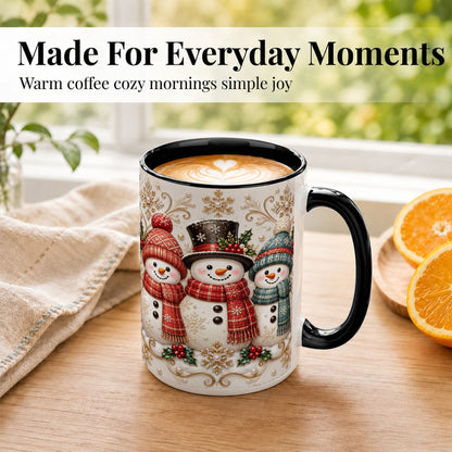 #pl[15oz|Black] Snowman Trio Coffee Mug, Plaid Christmas Mug, Ceramic Cup