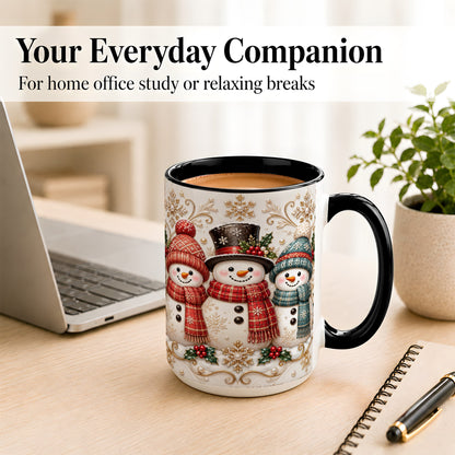 #pl[15oz|Black] Snowman Trio Coffee Mug, Plaid Christmas Mug, Ceramic Cup
