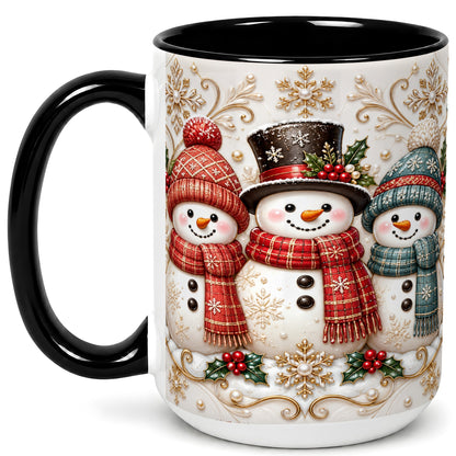 #pl[15oz|Black] Snowman Trio Coffee Mug, Plaid Christmas Mug, Ceramic Cup