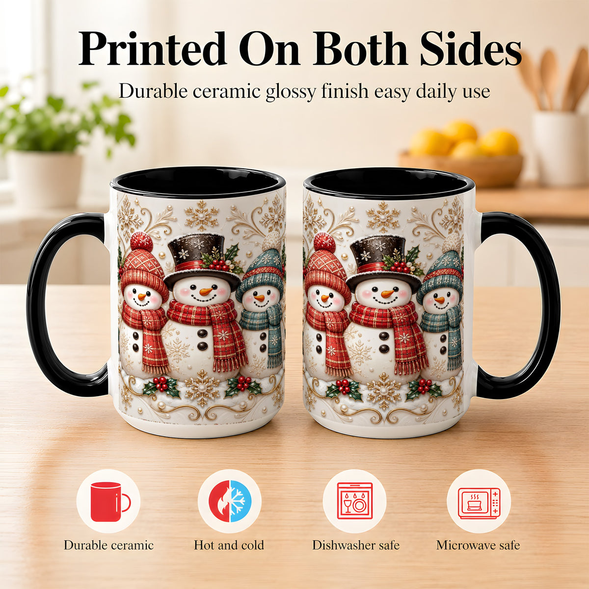 #pl[15oz|Black] Snowman Trio Coffee Mug, Plaid Christmas Mug, Ceramic Cup