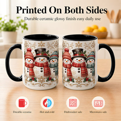 #pl[15oz|Black] Snowman Trio Coffee Mug, Plaid Christmas Mug, Ceramic Cup