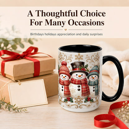 #pl[15oz|Black] Snowman Trio Coffee Mug, Plaid Christmas Mug, Ceramic Cup