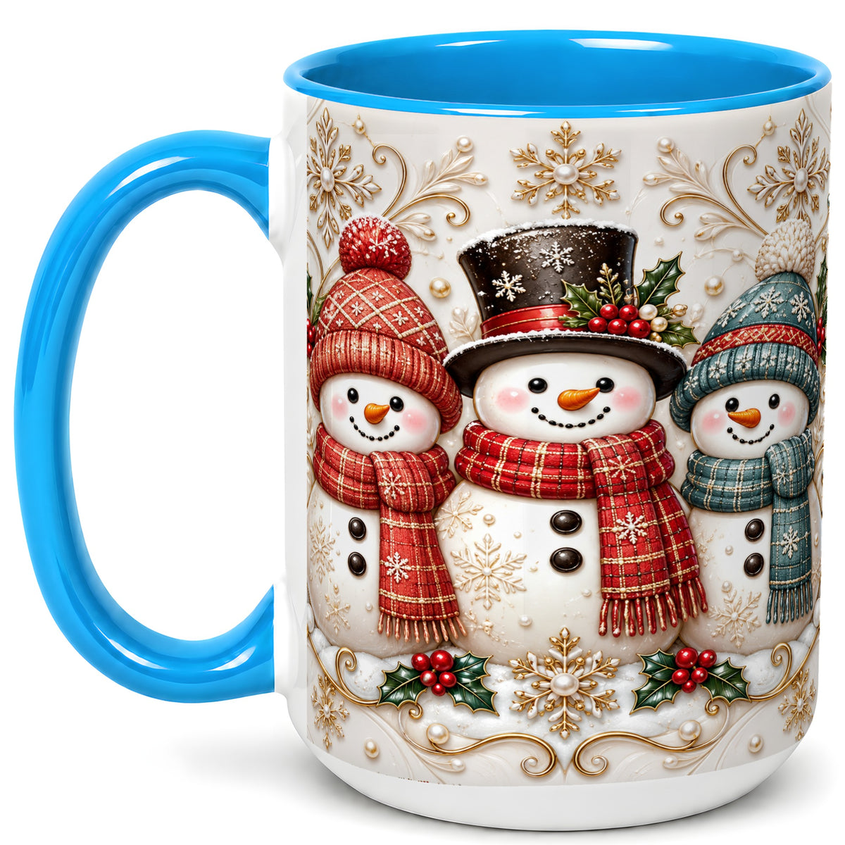 #pl[15oz|Blue] Snowman Trio Coffee Mug, Plaid Christmas Mug, Ceramic Cup