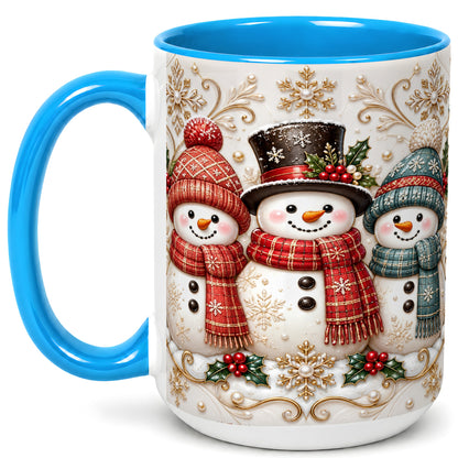 #pl[15oz|Blue] Snowman Trio Coffee Mug, Plaid Christmas Mug, Ceramic Cup