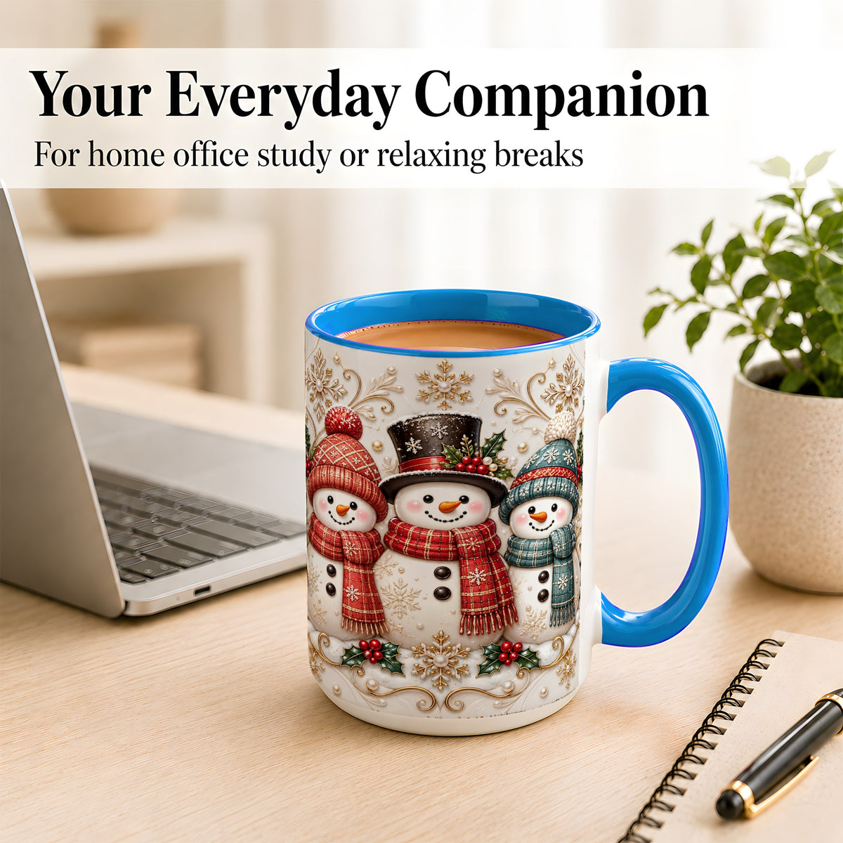 #pl[15oz|Blue] Snowman Trio Coffee Mug, Plaid Christmas Mug, Ceramic Cup