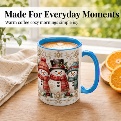 #pl[15oz|Blue] Snowman Trio Coffee Mug, Plaid Christmas Mug, Ceramic Cup