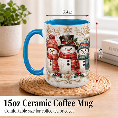 #pl[15oz|Blue] Snowman Trio Coffee Mug, Plaid Christmas Mug, Ceramic Cup