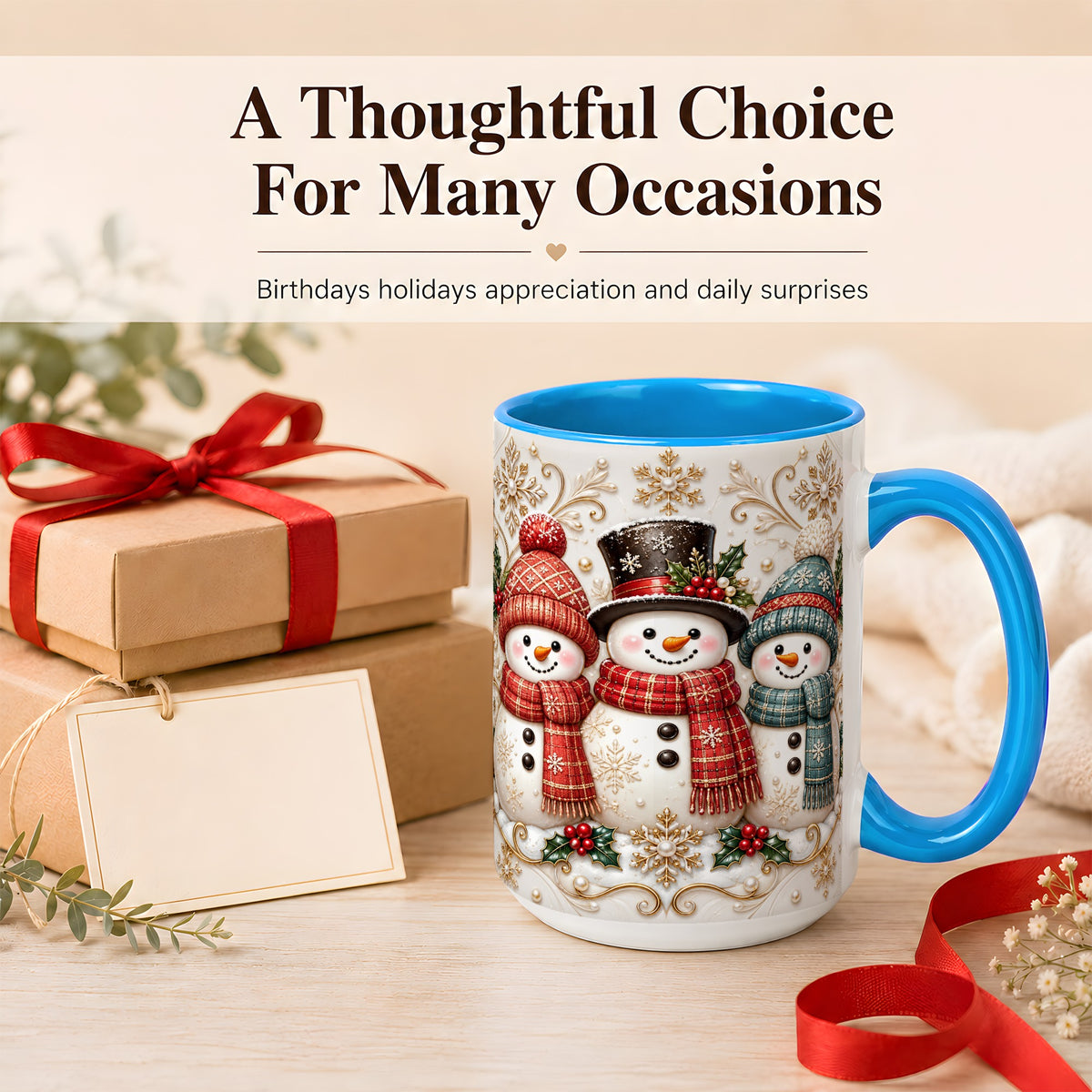 #pl[15oz|Blue] Snowman Trio Coffee Mug, Plaid Christmas Mug, Ceramic Cup