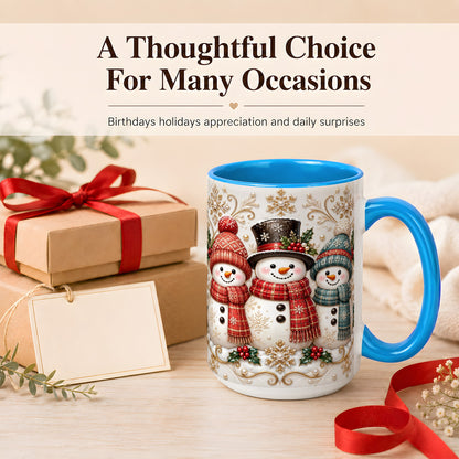 #pl[15oz|Blue] Snowman Trio Coffee Mug, Plaid Christmas Mug, Ceramic Cup