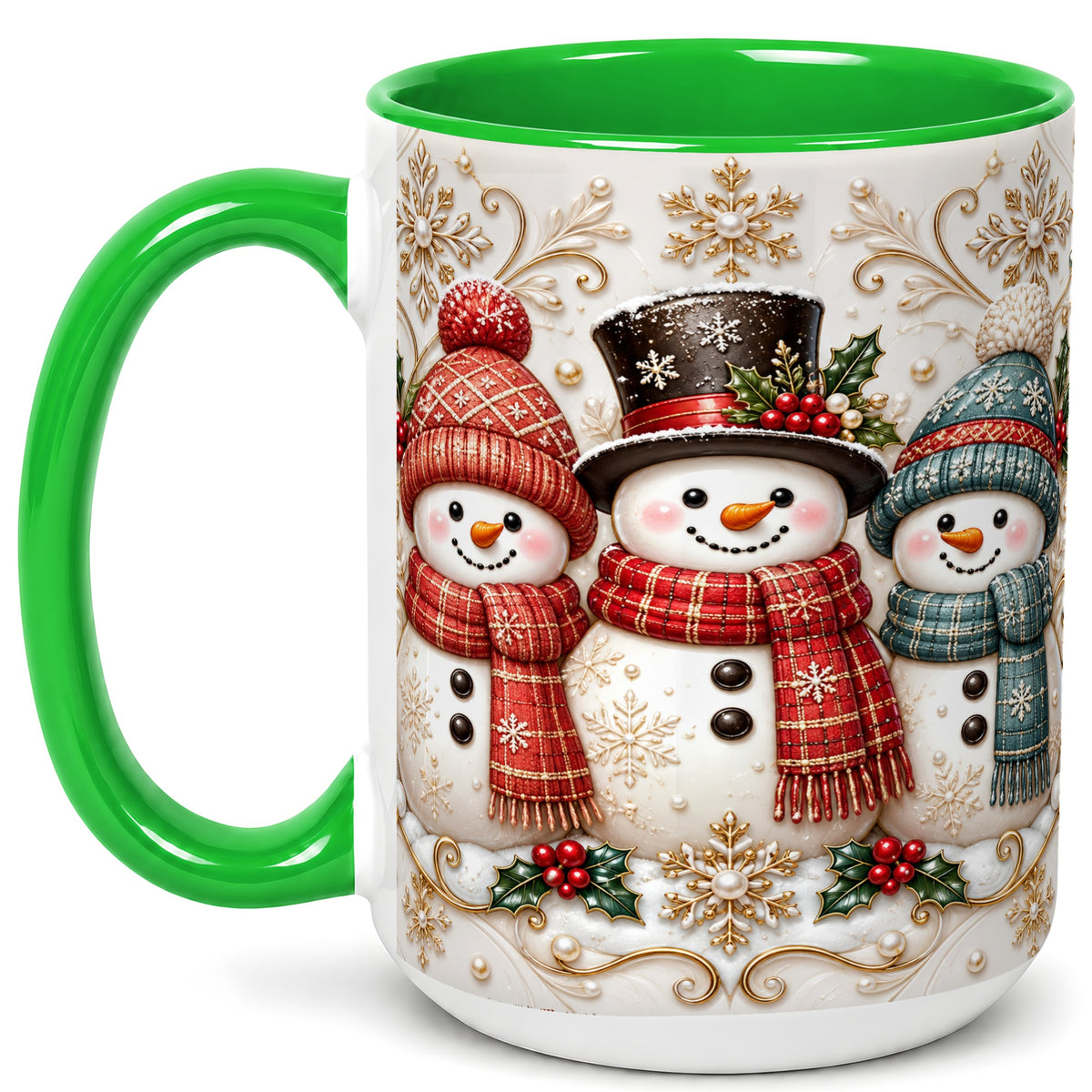 #pl[15oz|Green] Snowman Trio Coffee Mug, Plaid Christmas Mug, Ceramic Cup