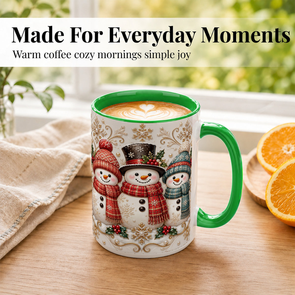 #pl[15oz|Green] Snowman Trio Coffee Mug, Plaid Christmas Mug, Ceramic Cup