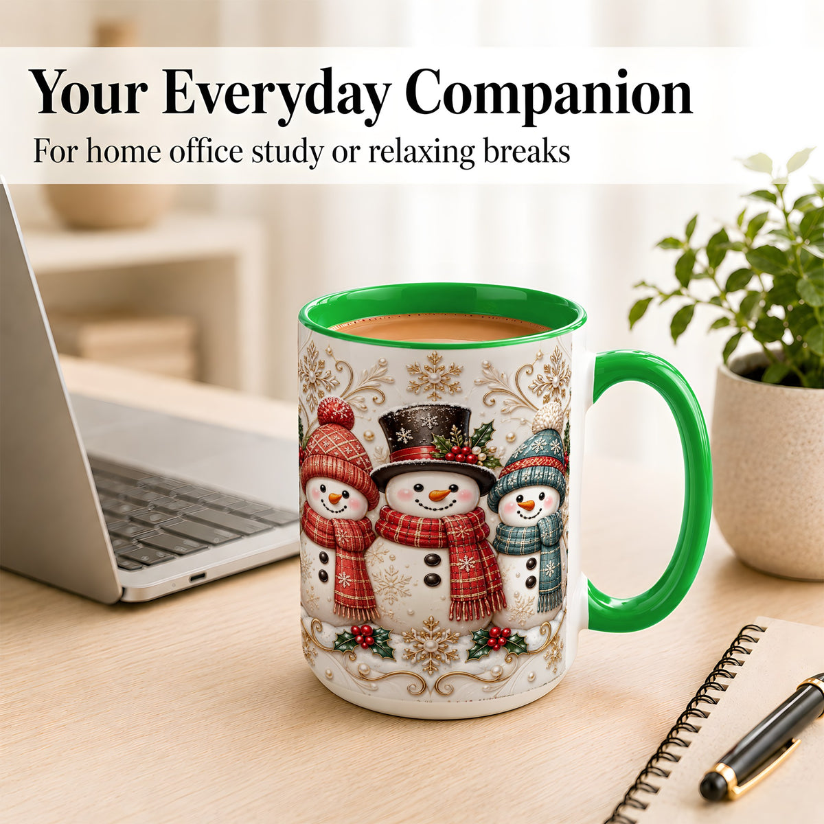 #pl[15oz|Green] Snowman Trio Coffee Mug, Plaid Christmas Mug, Ceramic Cup