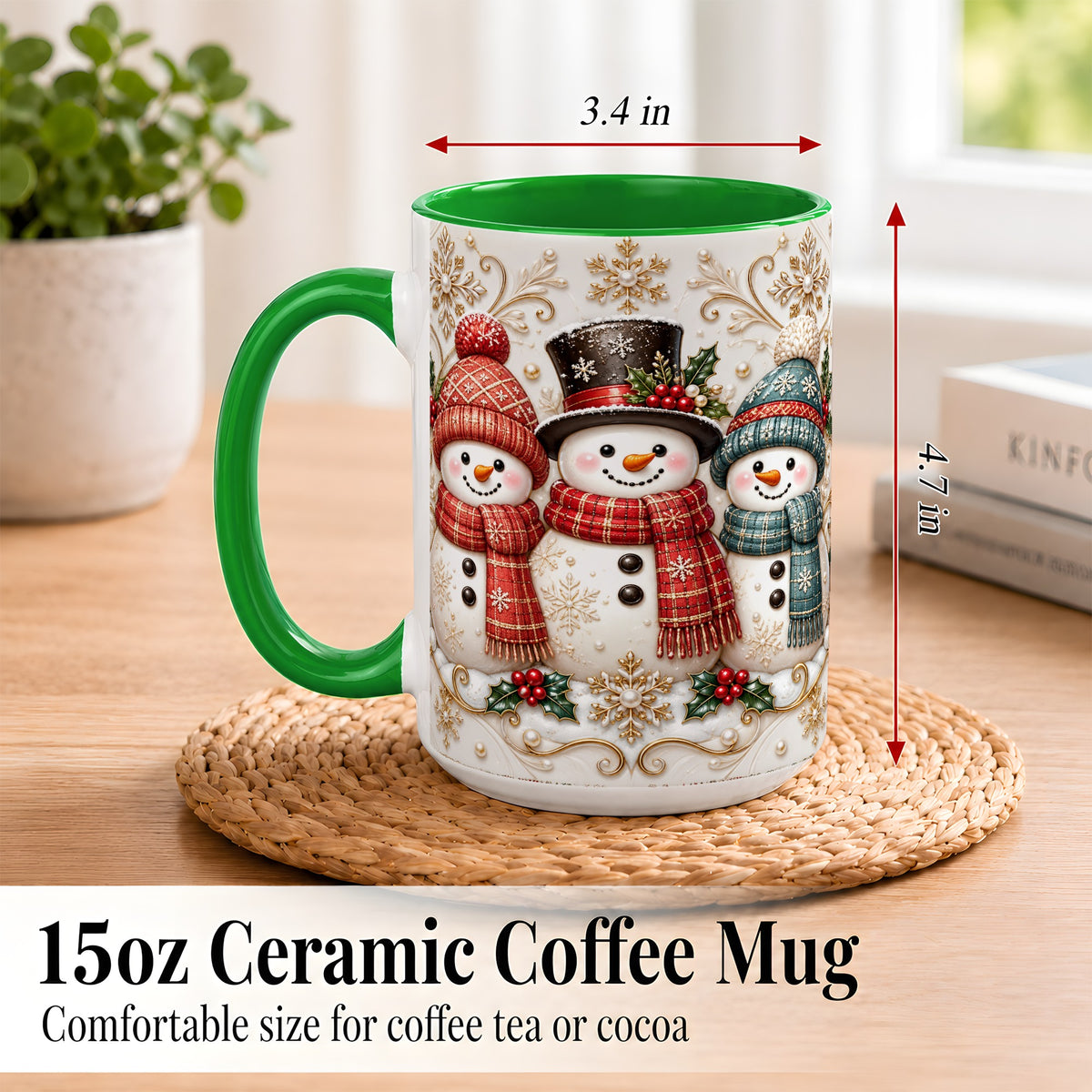 #pl[15oz|Green] Snowman Trio Coffee Mug, Plaid Christmas Mug, Ceramic Cup
