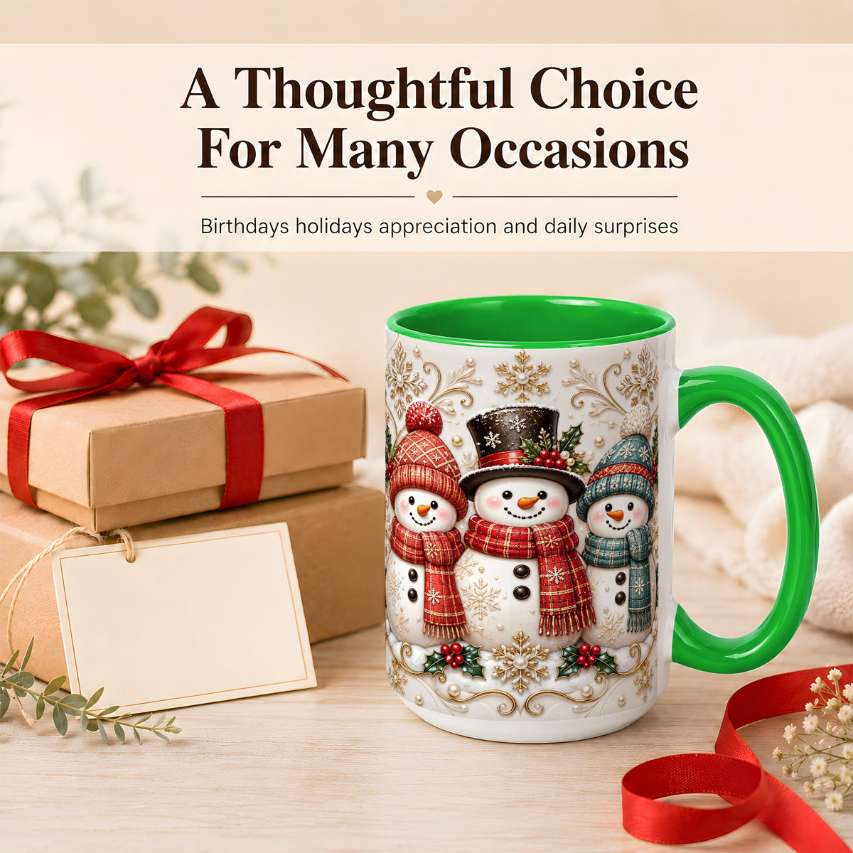 #pl[15oz|Green] Snowman Trio Coffee Mug, Plaid Christmas Mug, Ceramic Cup